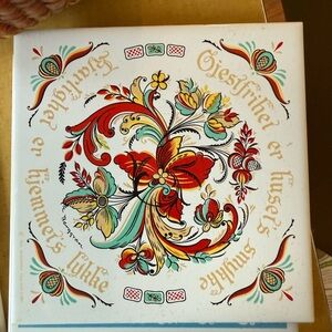 Norwegian Decorative Floral Tile with Red and Blue Accents